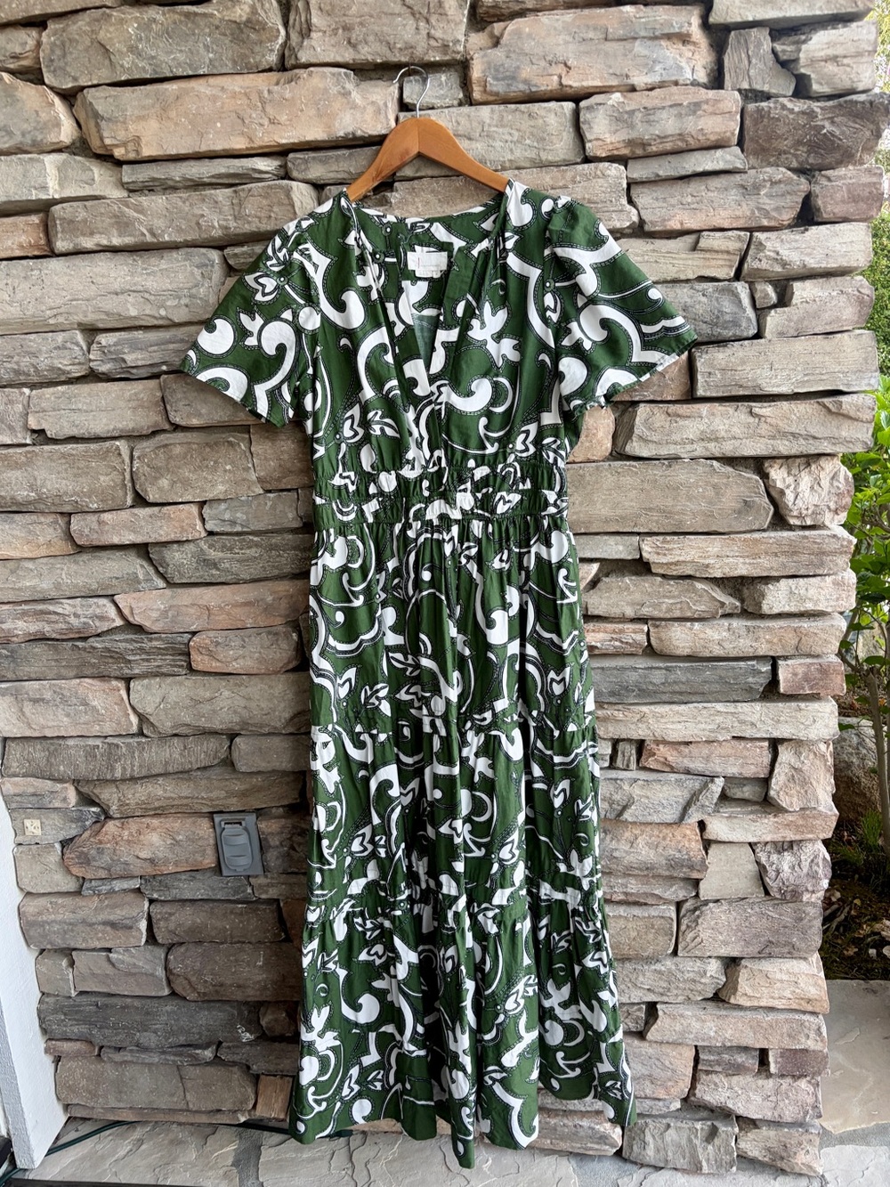 Anthropologie Somerset Maxi Dress Green Scroll Print Short Sleeve pockets cotton